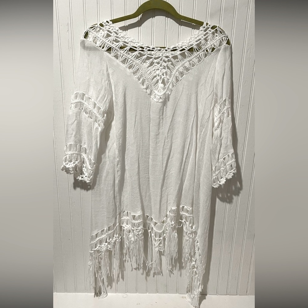 Boho Women White Fringe Swim Cover crochet design- One Size- Tie Front - Picture 7 of 8
